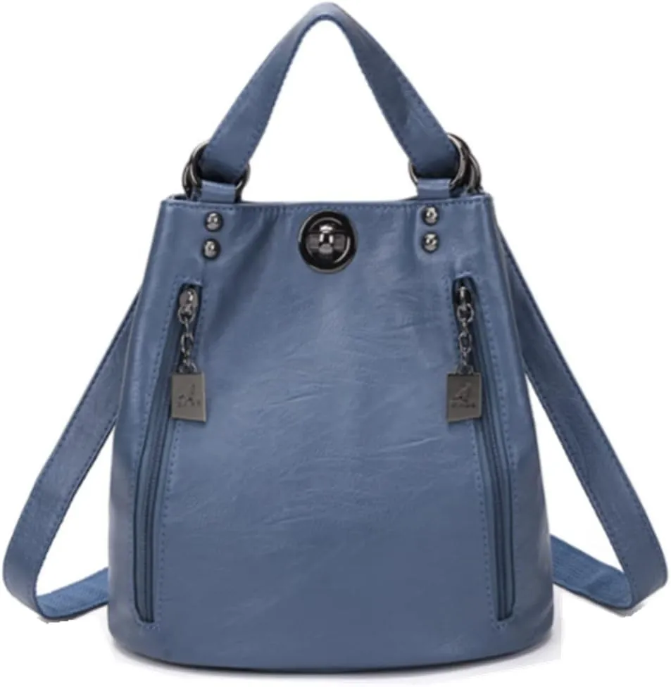 Women Classic Retro Backpack Shoulder Bags Faux Leather Fashion Daypack-Blue
