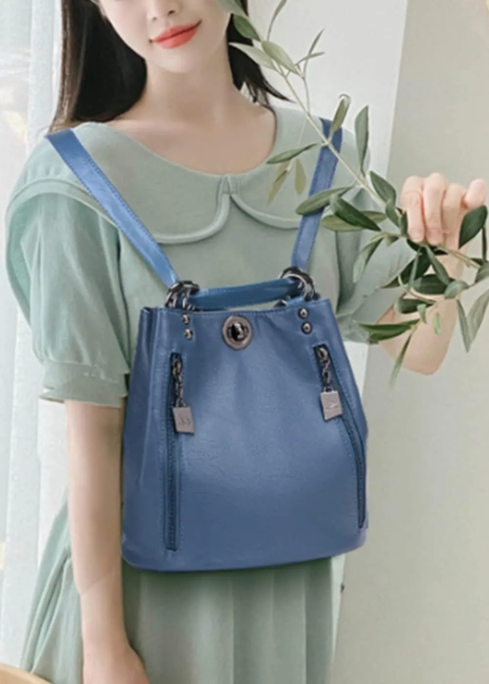Women Classic Retro Backpack Shoulder Bags Faux Leather Fashion Daypack-Blue