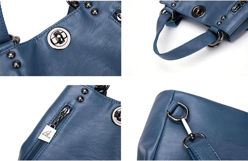 Women Classic Retro Backpack Shoulder Bags Faux Leather Fashion Daypack-Blue