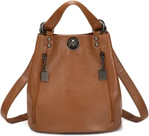 Women Classic Retro Backpack Shoulder Bags Faux Leather Fashion Daypack-Brown
