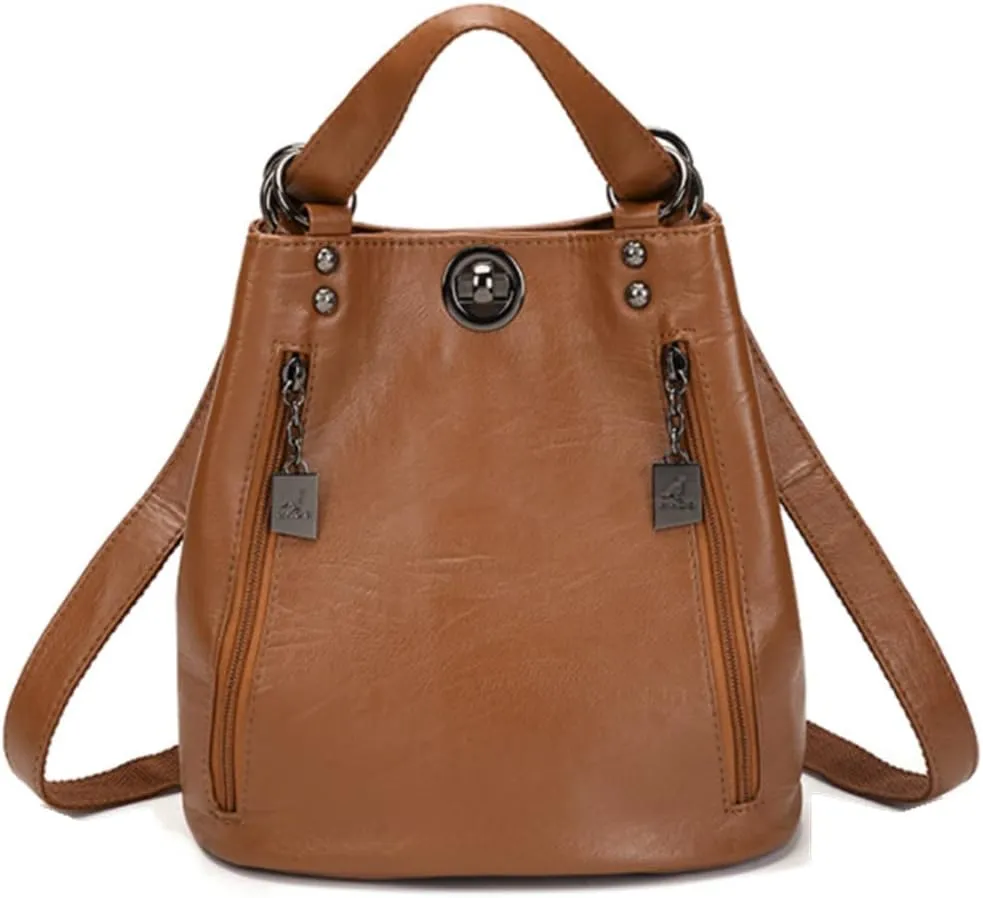 Women Classic Retro Backpack Shoulder Bags Faux Leather Fashion Daypack-Brown