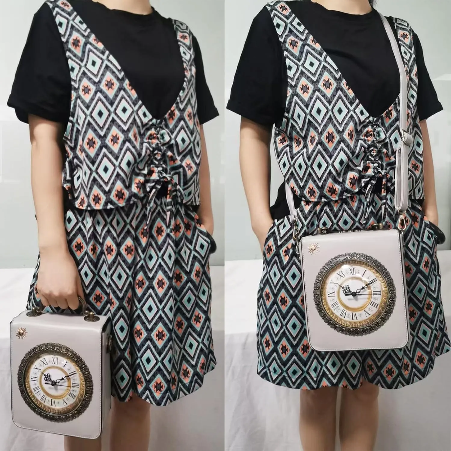Women Classic Retro Clock Shaped Crossbody Shoulder Bag Handbag PVC Unique Novelty Clock Purse