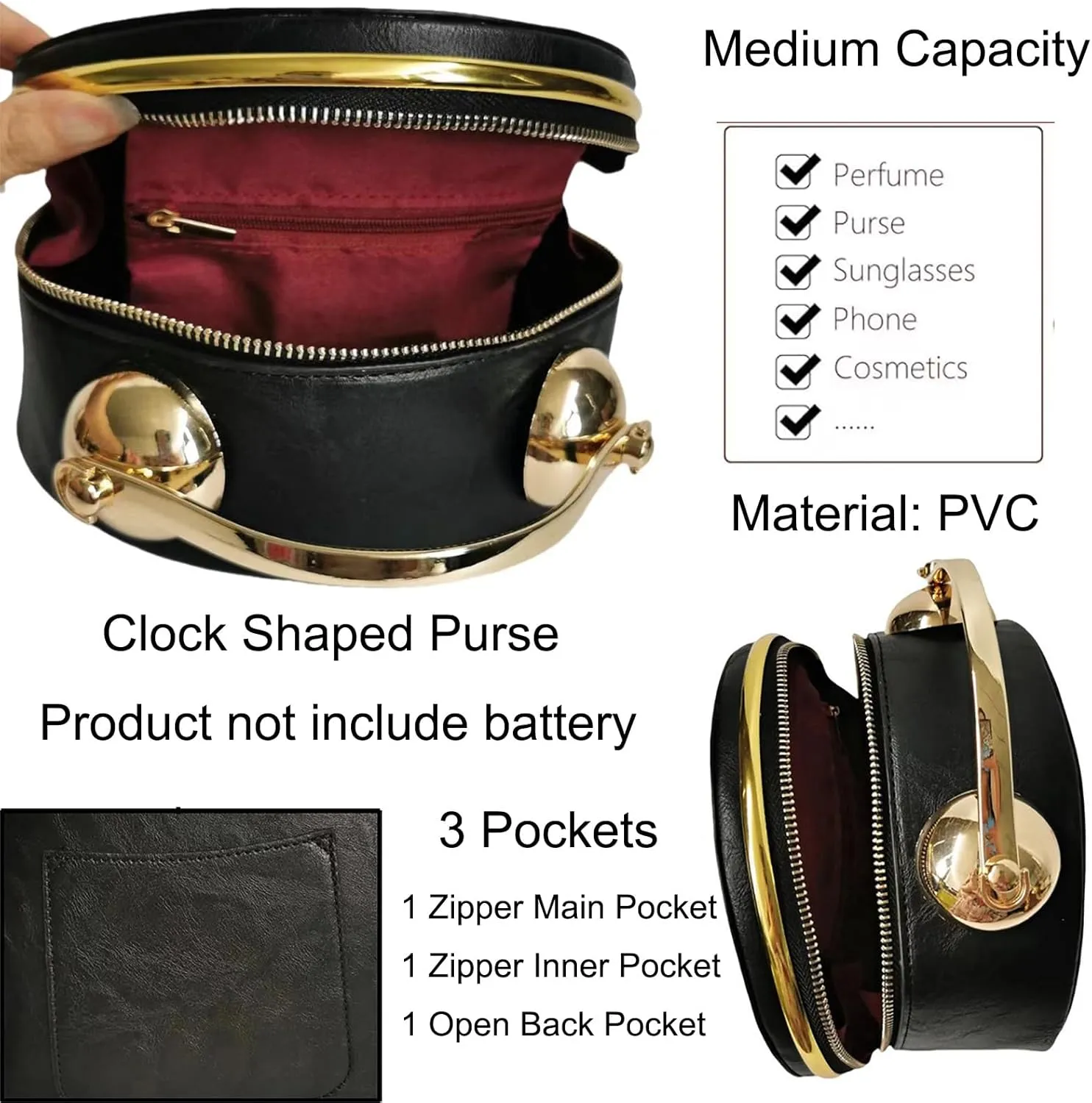 Women Classic Retro Clock Shaped Crossbody Shoulder Bag Handbag PVC Unique Novelty Clock Purse