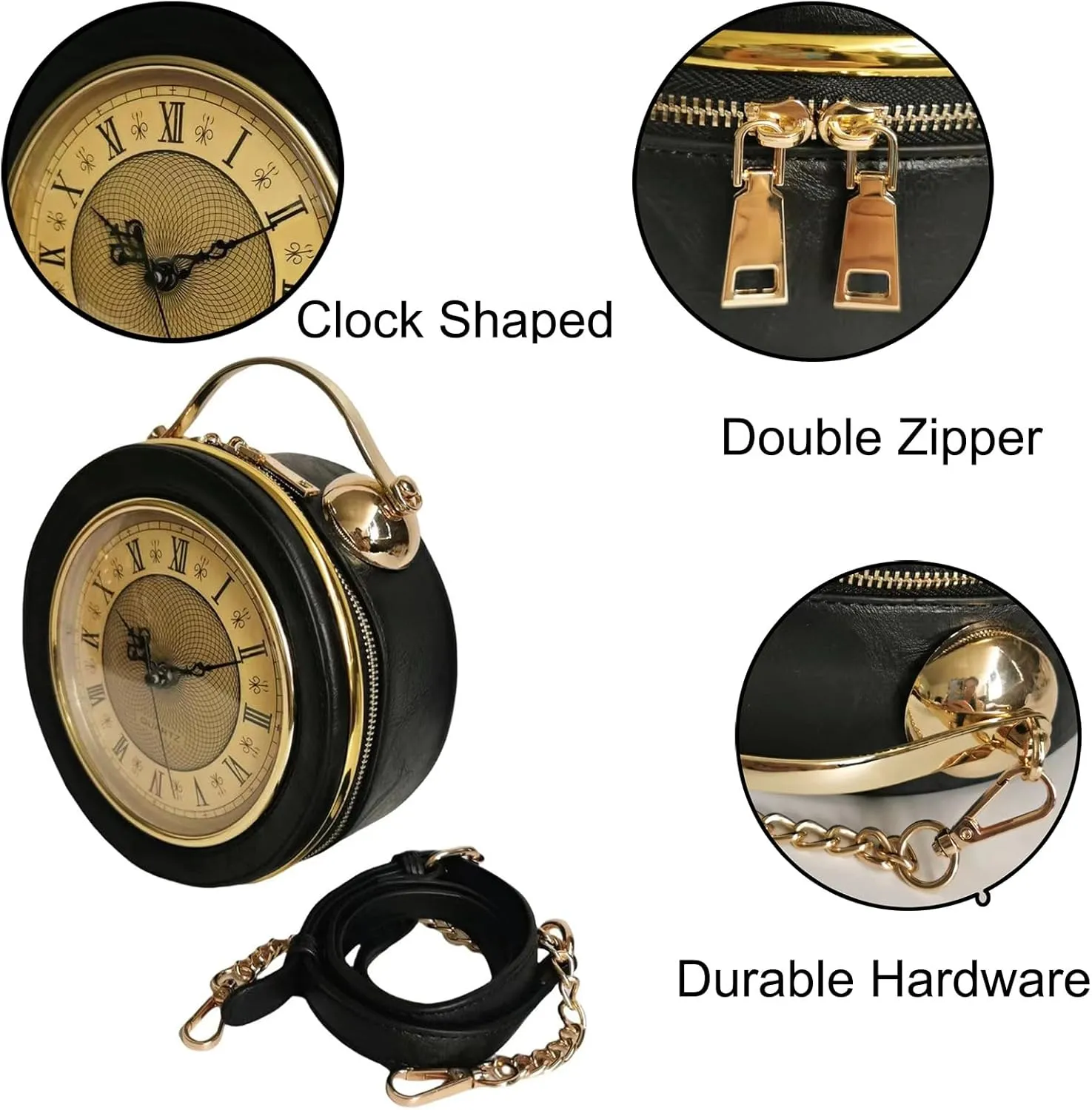 Women Classic Retro Clock Shaped Crossbody Shoulder Bag Handbag PVC Unique Novelty Clock Purse