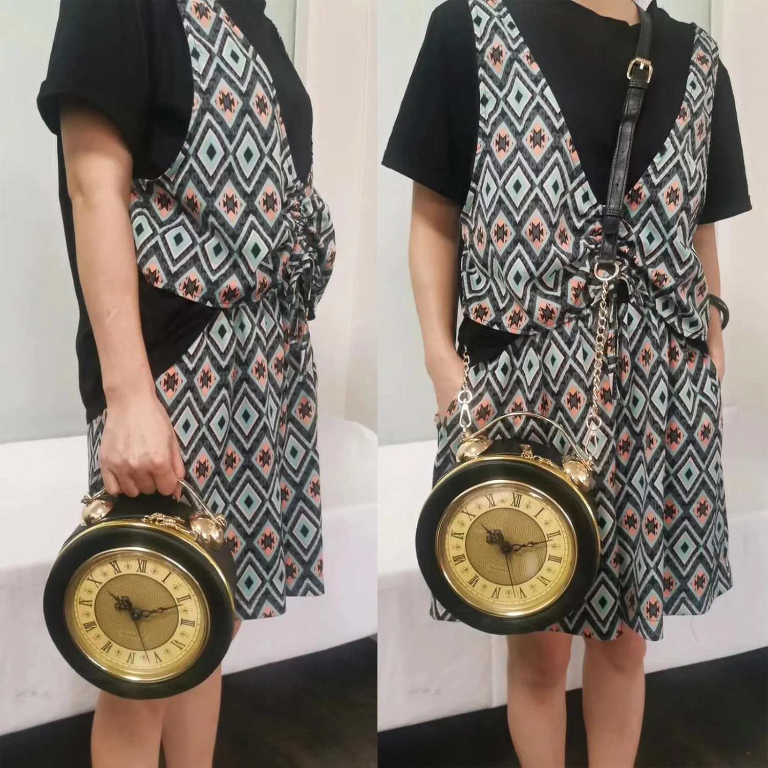 Women Classic Retro Clock Shaped Crossbody Shoulder Bag Handbag PVC Unique Novelty Clock Purse