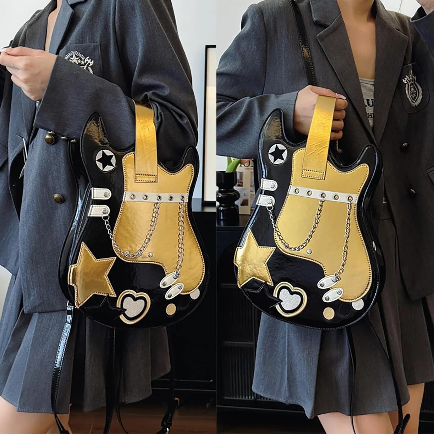 Women Guitar Shaped Backpack Unique Crossbody Shoulder Bag PU Leather Novelty Guitar Purse