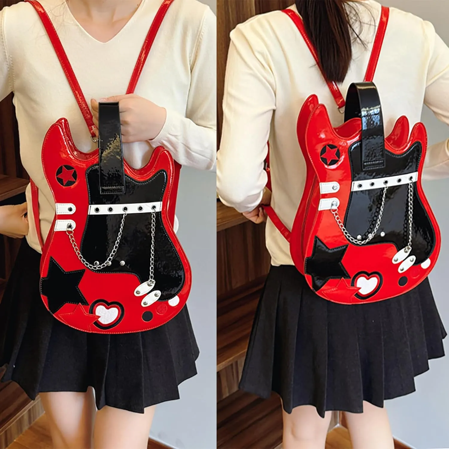 Women Guitar Shaped Backpack Unique Crossbody Shoulder Bag PU Leather Novelty Guitar Purse