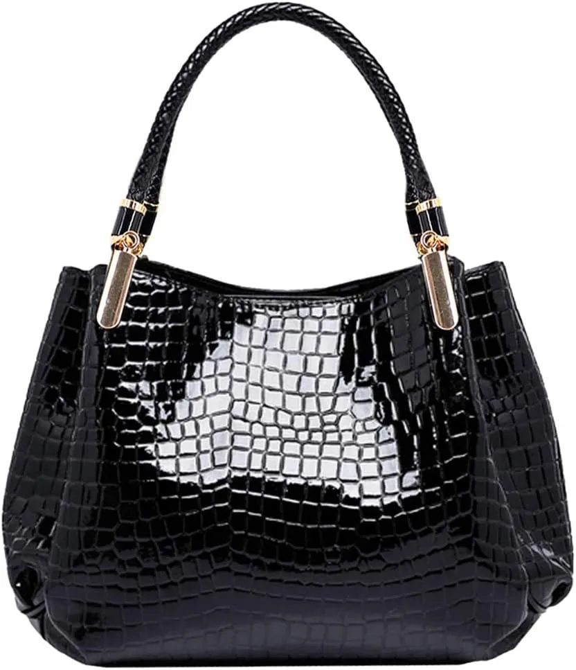 Women Large Alligator Pattern Faux Leather Top-handle Bag Evening Party Handbag Travel Tote