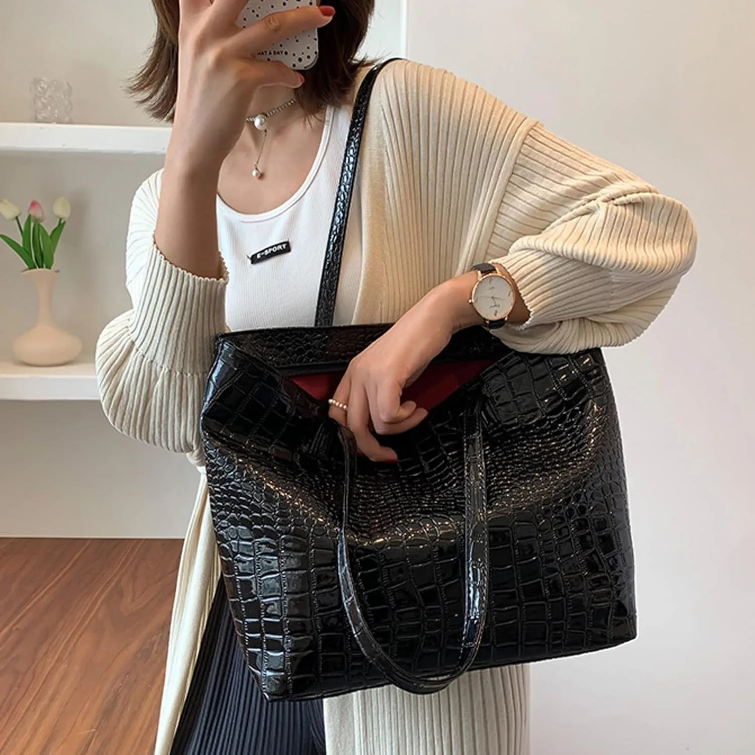 Women Large Faux Leather Tote Shoulder Bag Soft Top Handle Bag