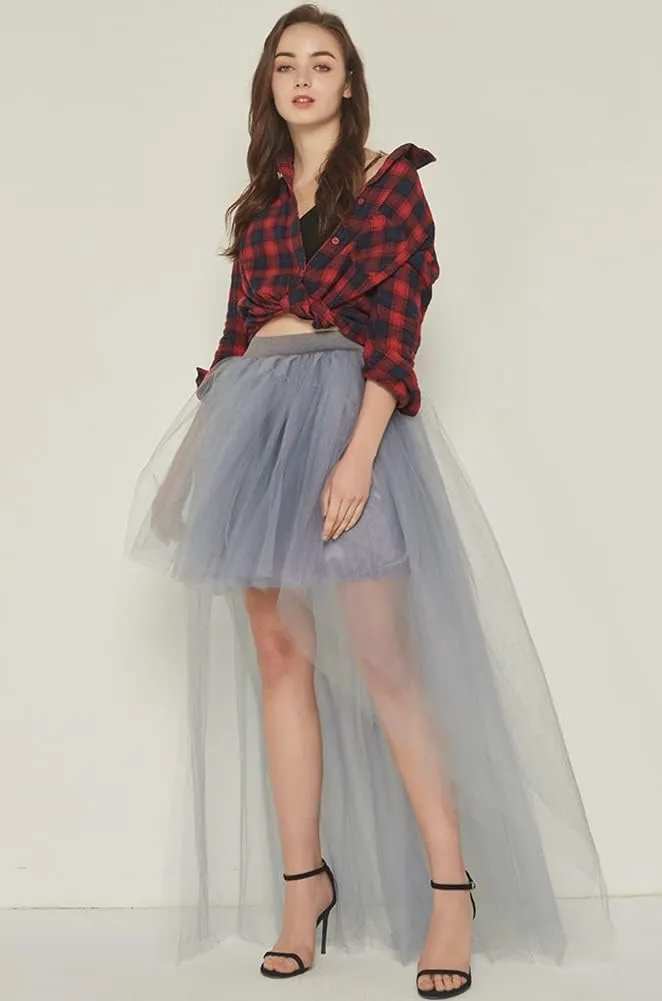 Women Long Overlay Tulle Skirt Sex Slide High Low Party Overskirt