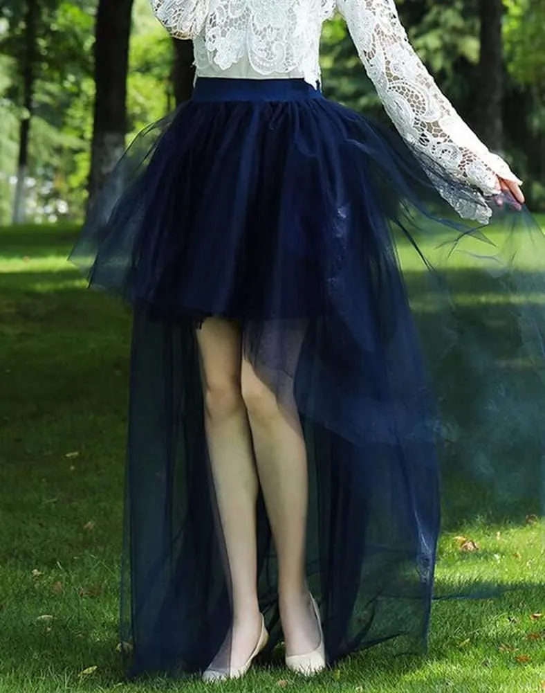 Women Long Overlay Tulle Skirt Sex Slide High Low Party Overskirt