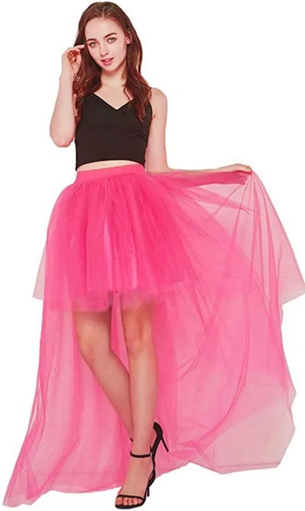 Women Long Overlay Tulle Skirt Sex Slide High Low Party Overskirt