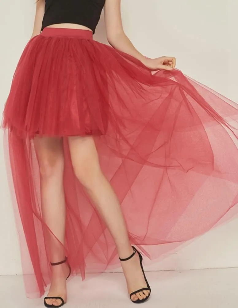Women Long Overlay Tulle Skirt Sex Slide High Low Party Overskirt