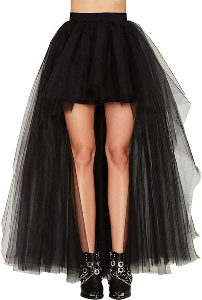 Women Long Overlay Tulle Skirt Sex Slide High Low Party Overskirt