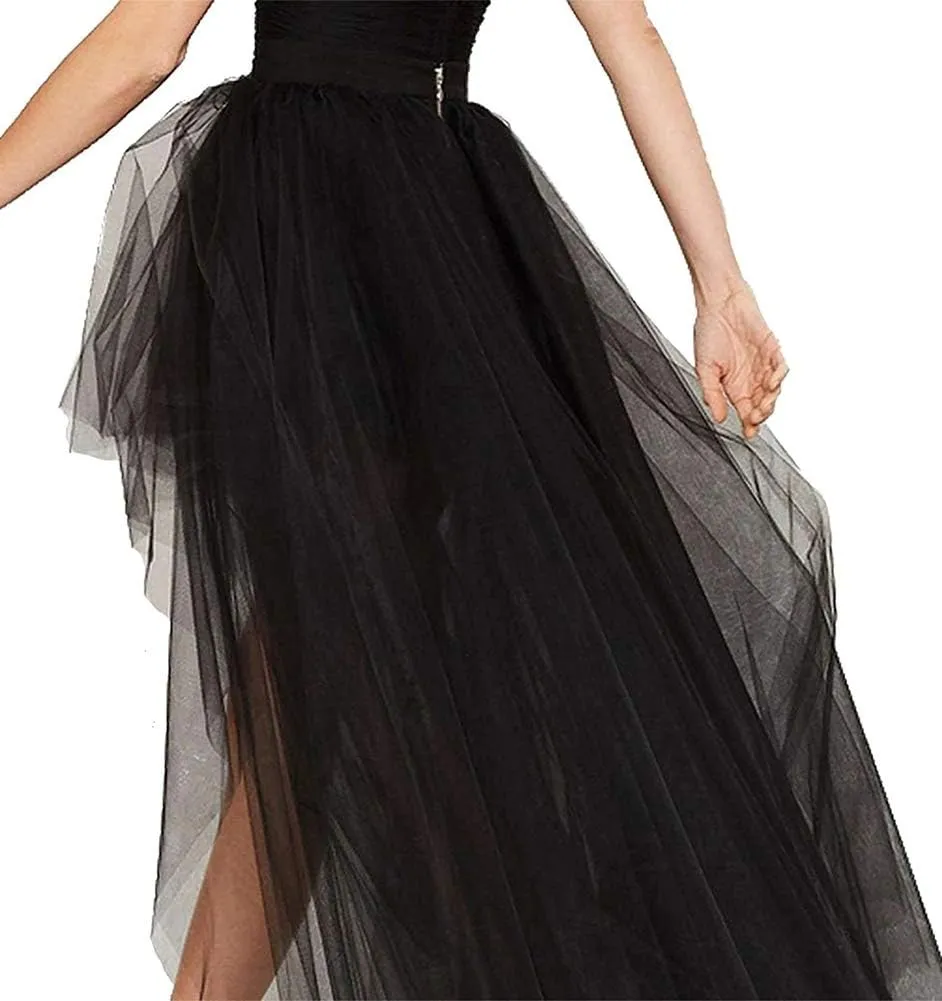 Women Long Overlay Tulle Skirt Sex Slide High Low Party Overskirt
