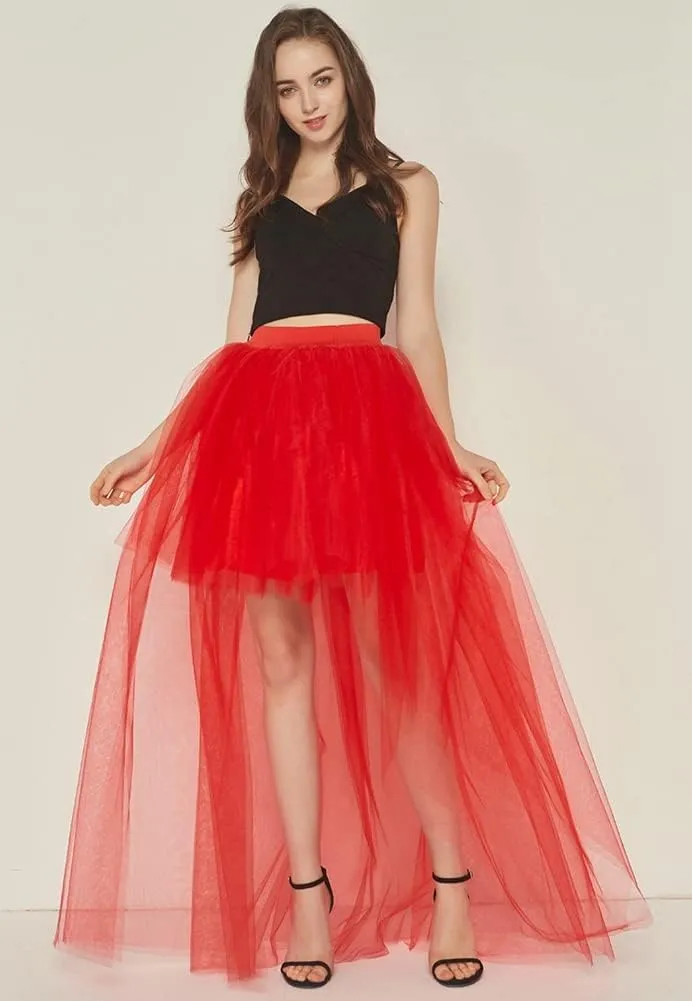 Women Long Overlay Tulle Skirt Sex Slide High Low Party Overskirt