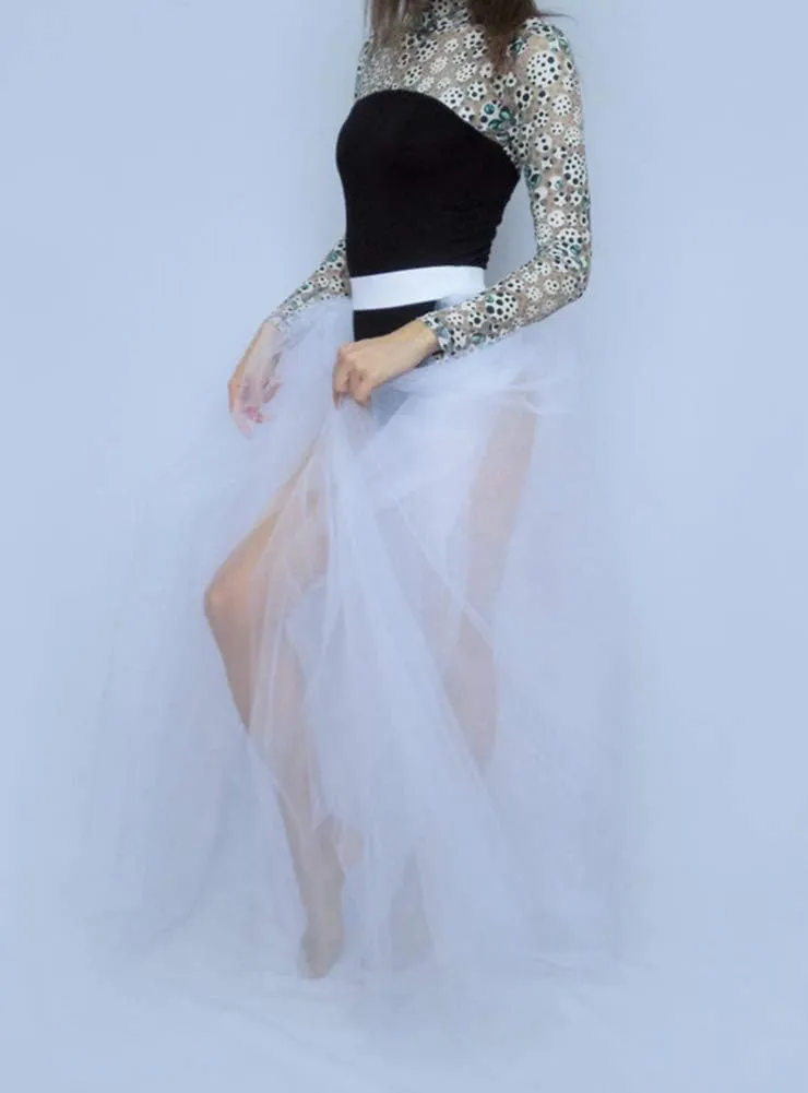 Women Long Overlay Tulle Skirt Sex Slide Princess Party Overskirt