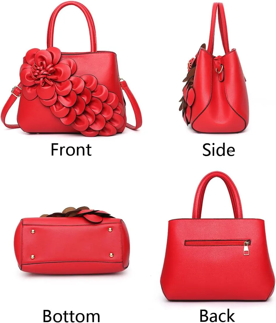 Women Petal Top Handle Handbag Purse PU Zipper Satchel Crossbody Shoulder Bag Tote Black