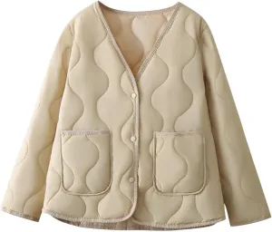 Women Quilted Jacket Long Sleeve Lightweight Winter Coats Button Fashion Baggy Puffer Jacket with Pockets