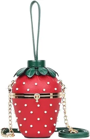 Women Strawberry Shaped Handbag Crossbody Shoulder Bag PU Leather Unique Novelty Strawberry Purse