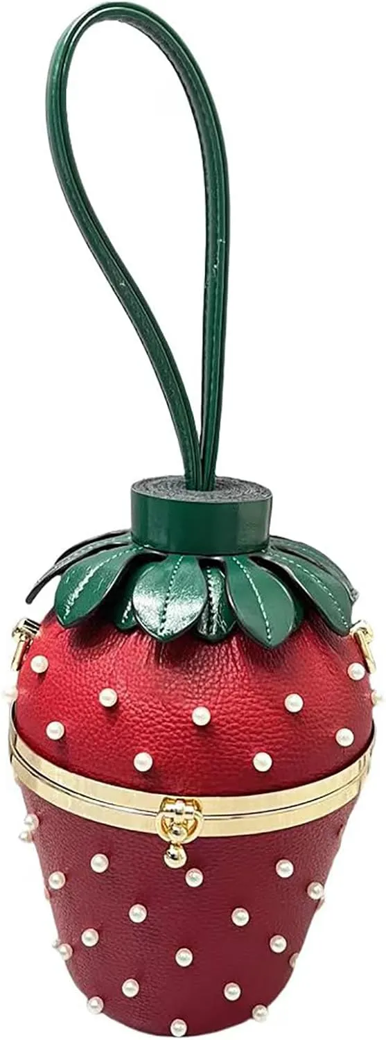 Women Strawberry Shaped Handbag Crossbody Shoulder Bag PU Leather Unique Novelty Strawberry Purse