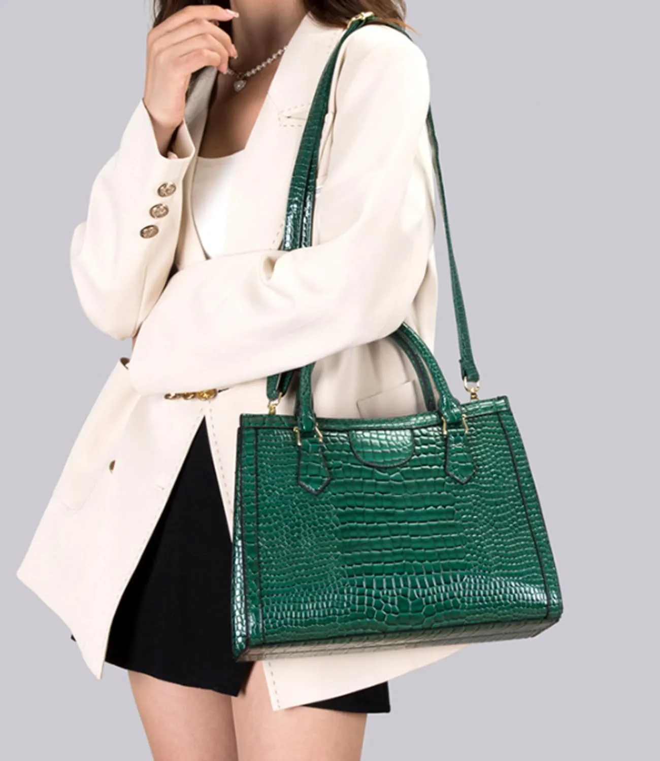 Women Tote Handbag Crocodile Pattern Shoulder Bag Faux Leather Retro Satchel Purse