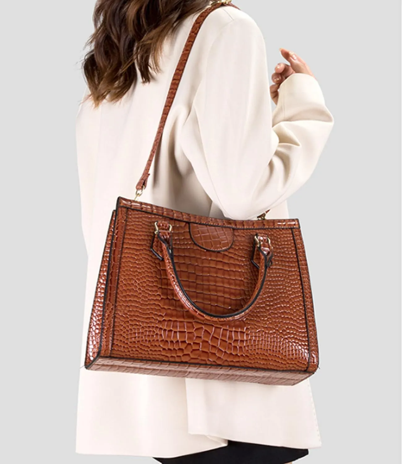 Women Tote Handbag Crocodile Pattern Shoulder Bag Faux Leather Retro Satchel Purse