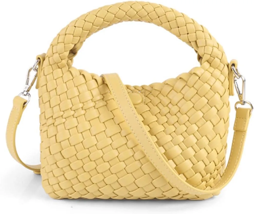 Women Woven Tote Small Crossbody Bag, Weave Quilted Purse Square Shoulder Bag Woven Handbag with Detachable Strap