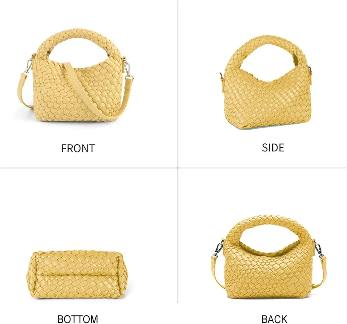 Women Woven Tote Small Crossbody Bag, Weave Quilted Purse Square Shoulder Bag Woven Handbag with Detachable Strap