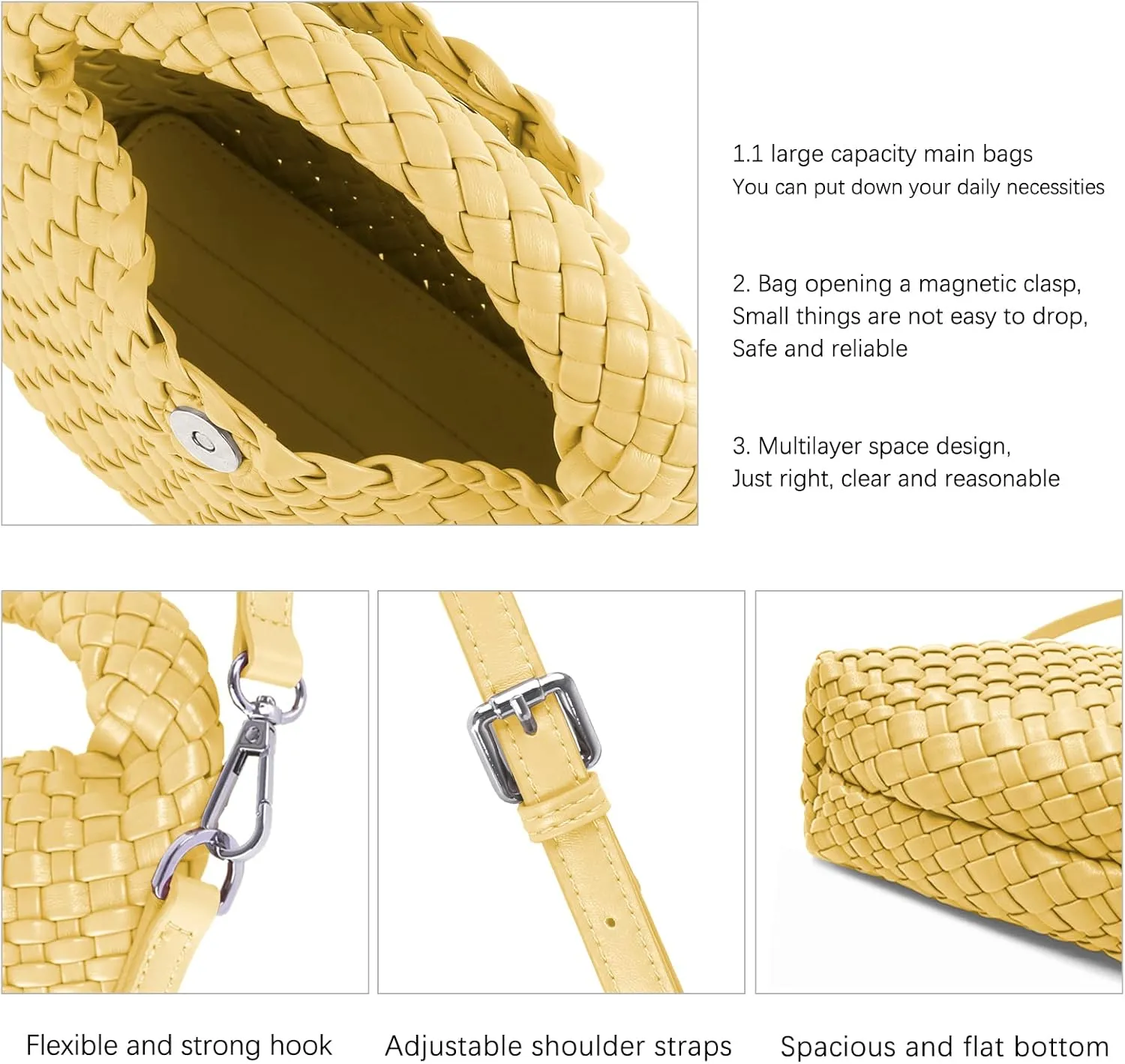 Women Woven Tote Small Crossbody Bag, Weave Quilted Purse Square Shoulder Bag Woven Handbag with Detachable Strap