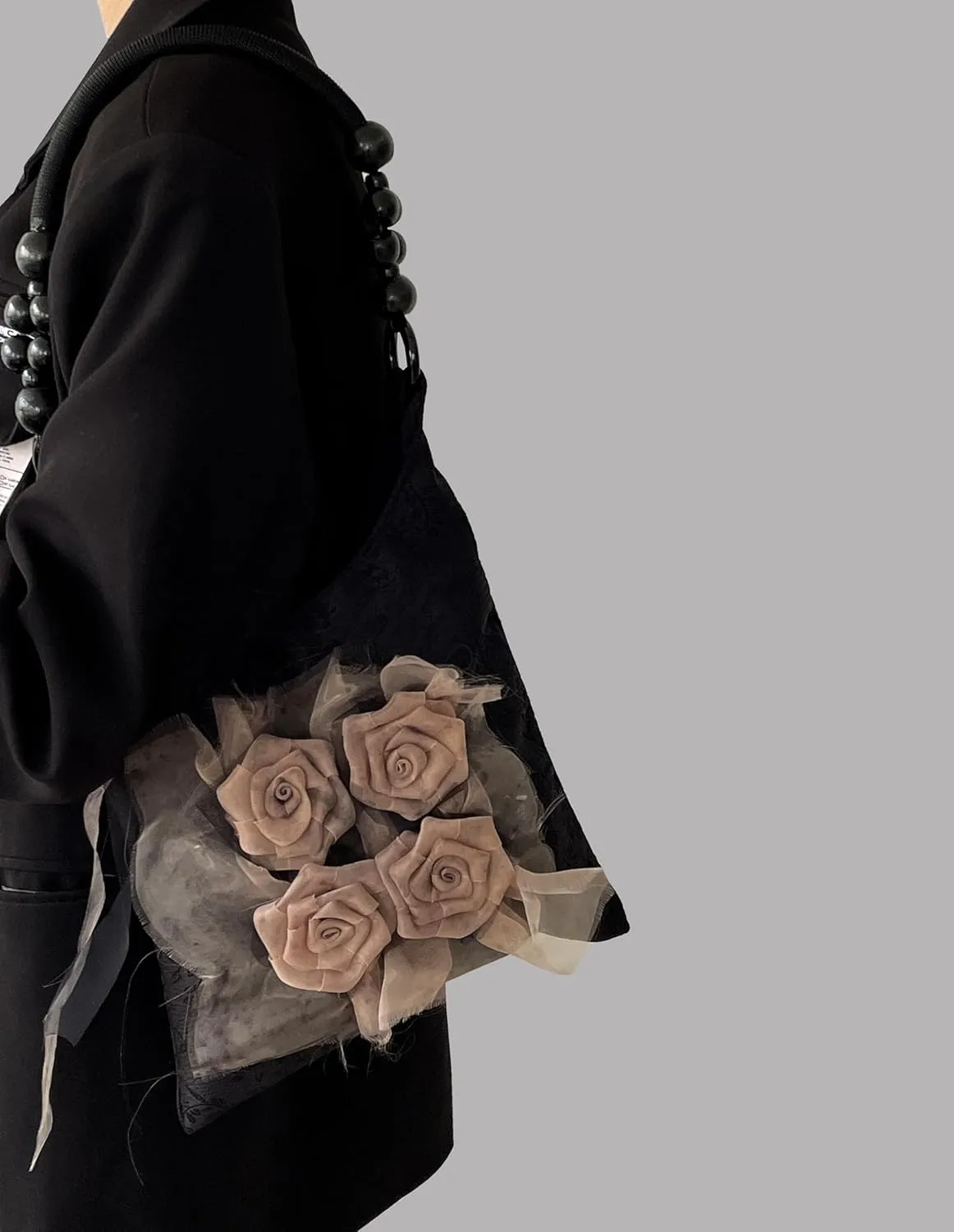 Women's 3D Flower Hobo Purse Lightweight Lace Tie Pleated Boho Shoulder Hobo Bags for Daily Party Vacation,Black,One Size