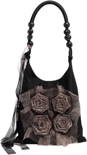 Women's 3D Flower Hobo Purse Lightweight Lace Tie Pleated Boho Shoulder Hobo Bags for Daily Party Vacation,Black,One Size