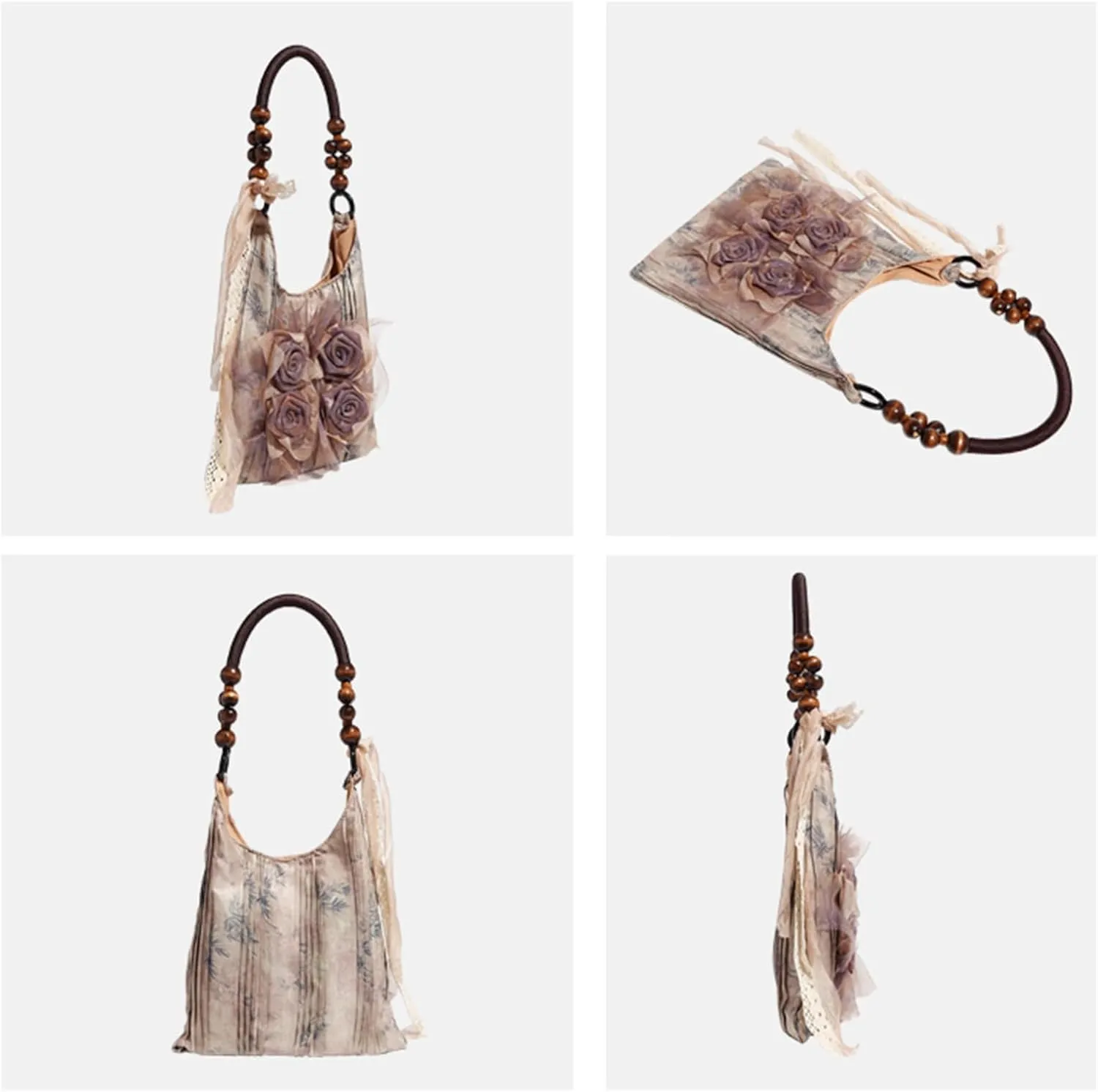Women's 3D Flower Hobo Purse Lightweight Lace Tie Pleated Boho Shoulder Hobo Bags for Daily Party Vacation,Khaki,One Size