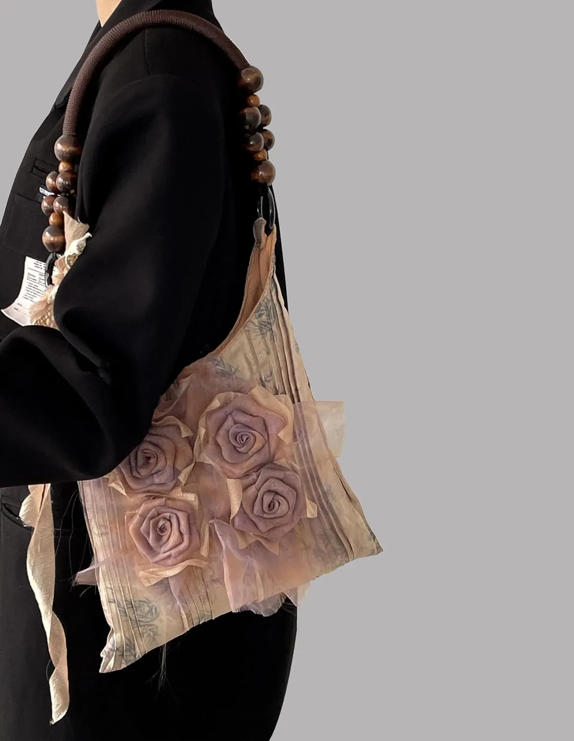 Women's 3D Flower Hobo Purse Lightweight Lace Tie Pleated Boho Shoulder Hobo Bags for Daily Party Vacation,Khaki,One Size