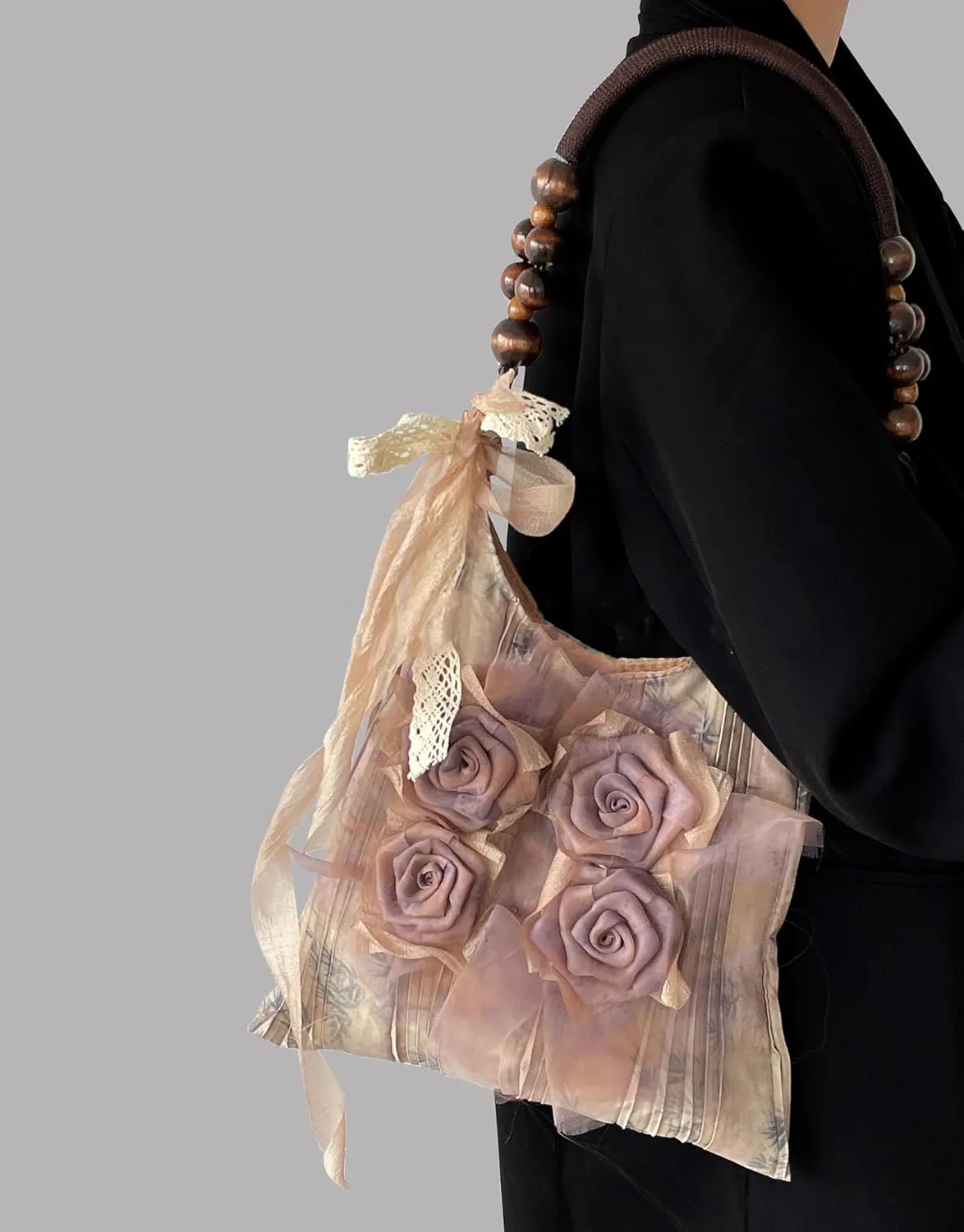 Women's 3D Flower Hobo Purse Lightweight Lace Tie Pleated Boho Shoulder Hobo Bags for Daily Party Vacation,Khaki,One Size