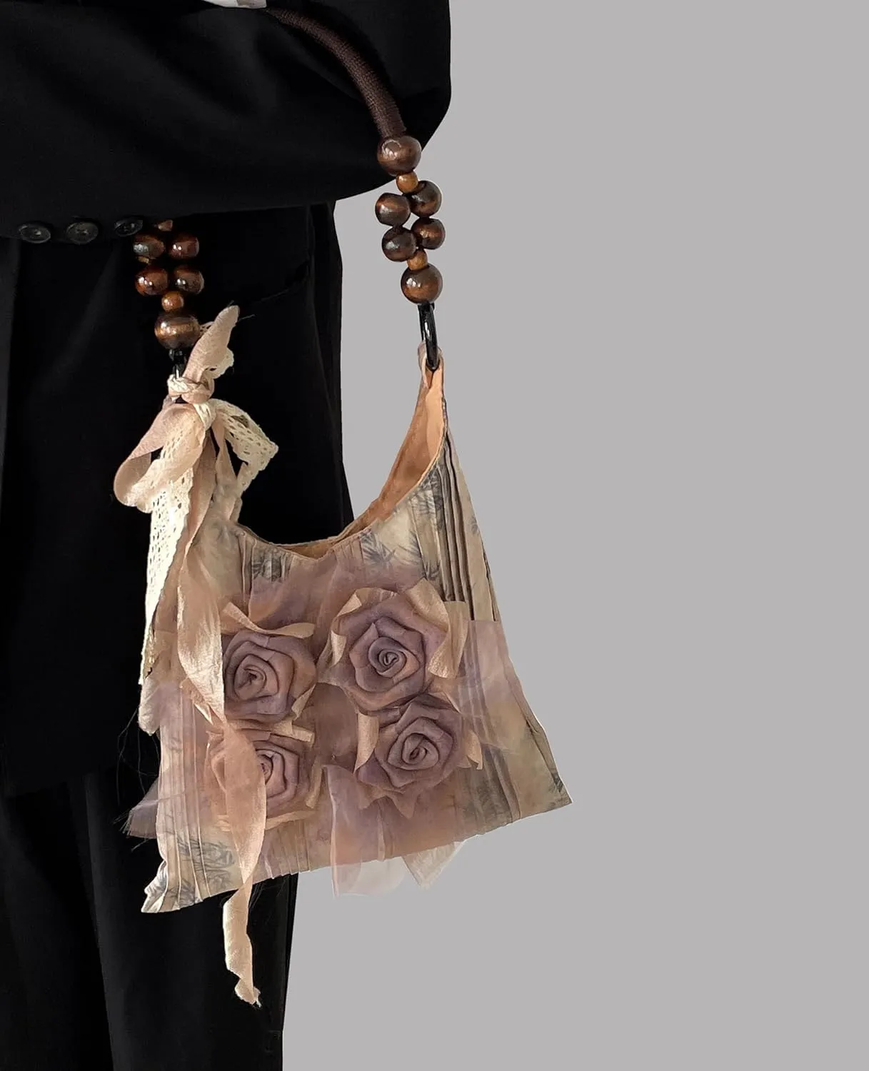 Women's 3D Flower Hobo Purse Lightweight Lace Tie Pleated Boho Shoulder Hobo Bags for Daily Party Vacation,Khaki,One Size