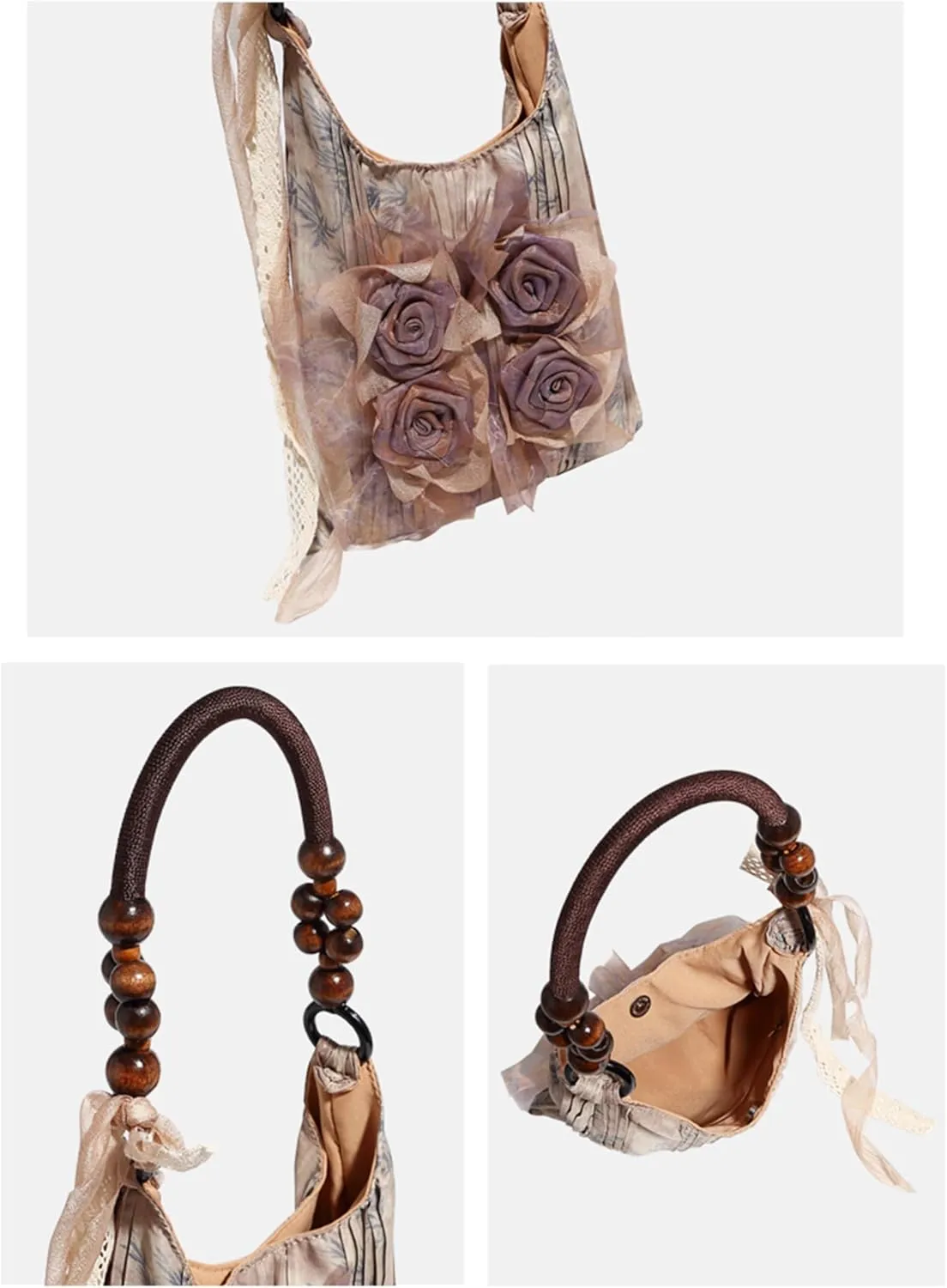 Women's 3D Flower Hobo Purse Lightweight Lace Tie Pleated Boho Shoulder Hobo Bags for Daily Party Vacation,Khaki,One Size