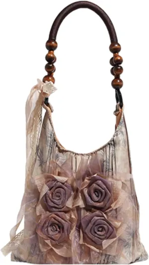 Women's 3D Flower Hobo Purse Lightweight Lace Tie Pleated Boho Shoulder Hobo Bags for Daily Party Vacation,Khaki,One Size