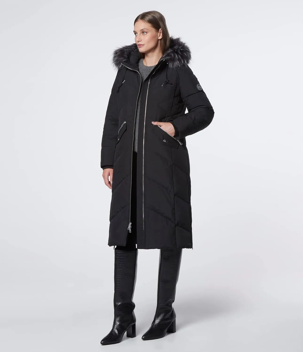 Women's Chevron Quilted Hooded Long Coat