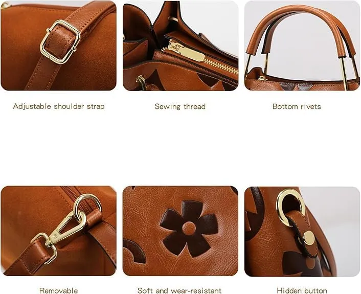 Women’s Floral Embossed Leather Handbag - Large Top Handle Shoulder Bag with Detachable Strap for Everyday