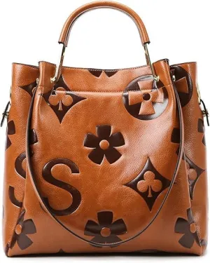 Women’s Floral Embossed Leather Handbag - Large Top Handle Shoulder Bag with Detachable Strap for Everyday