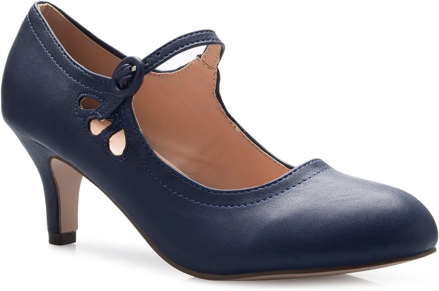 Women's Kitten Low Heels Round Toe Mary Jane Pumps - Adorable Vintage Retro Shoes- Unique Side Cut Out Design