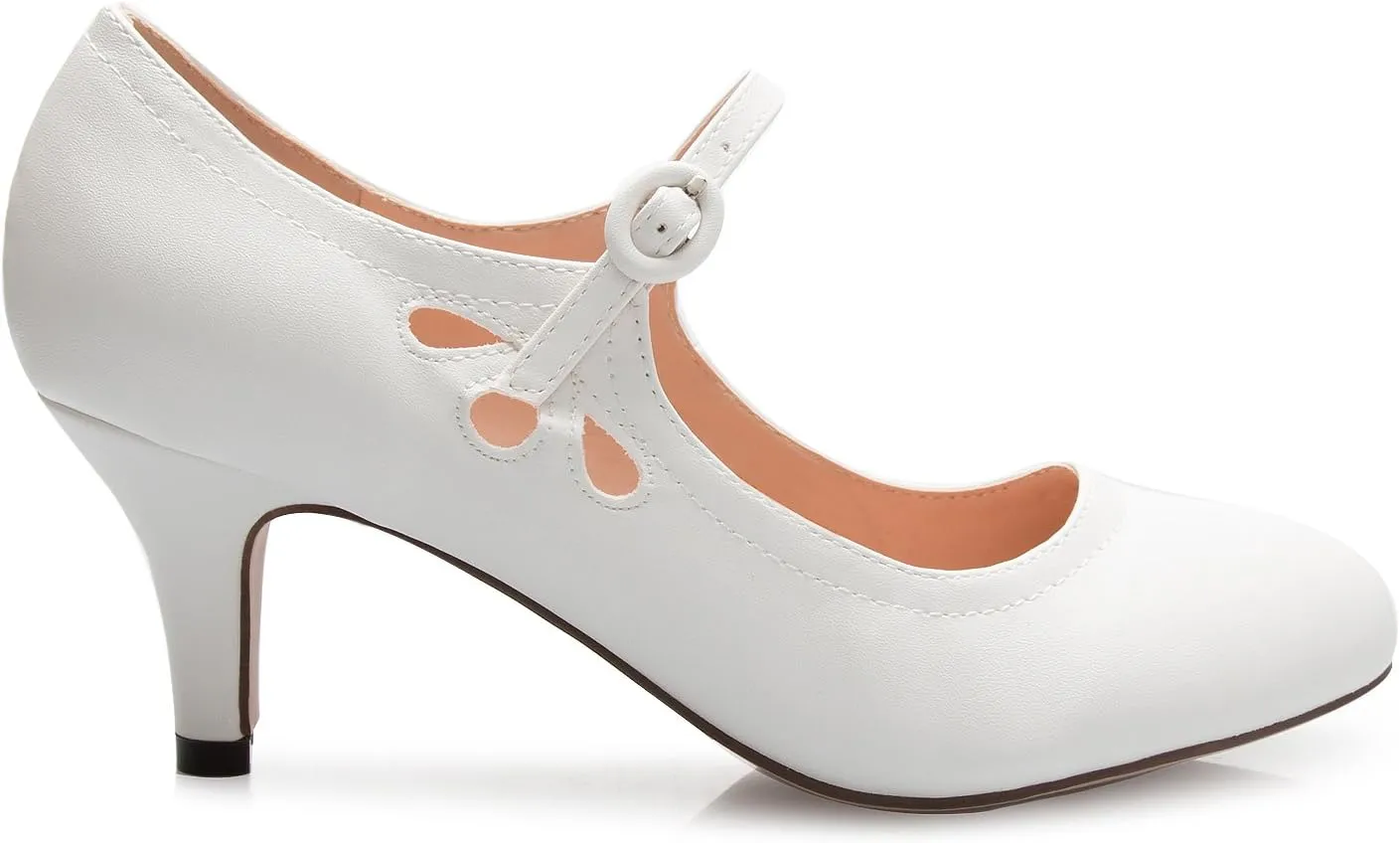 Women's Kitten Low Heels Round Toe Mary Jane Pumps - Adorable Vintage Retro Shoes- Unique Side Cut Out Design