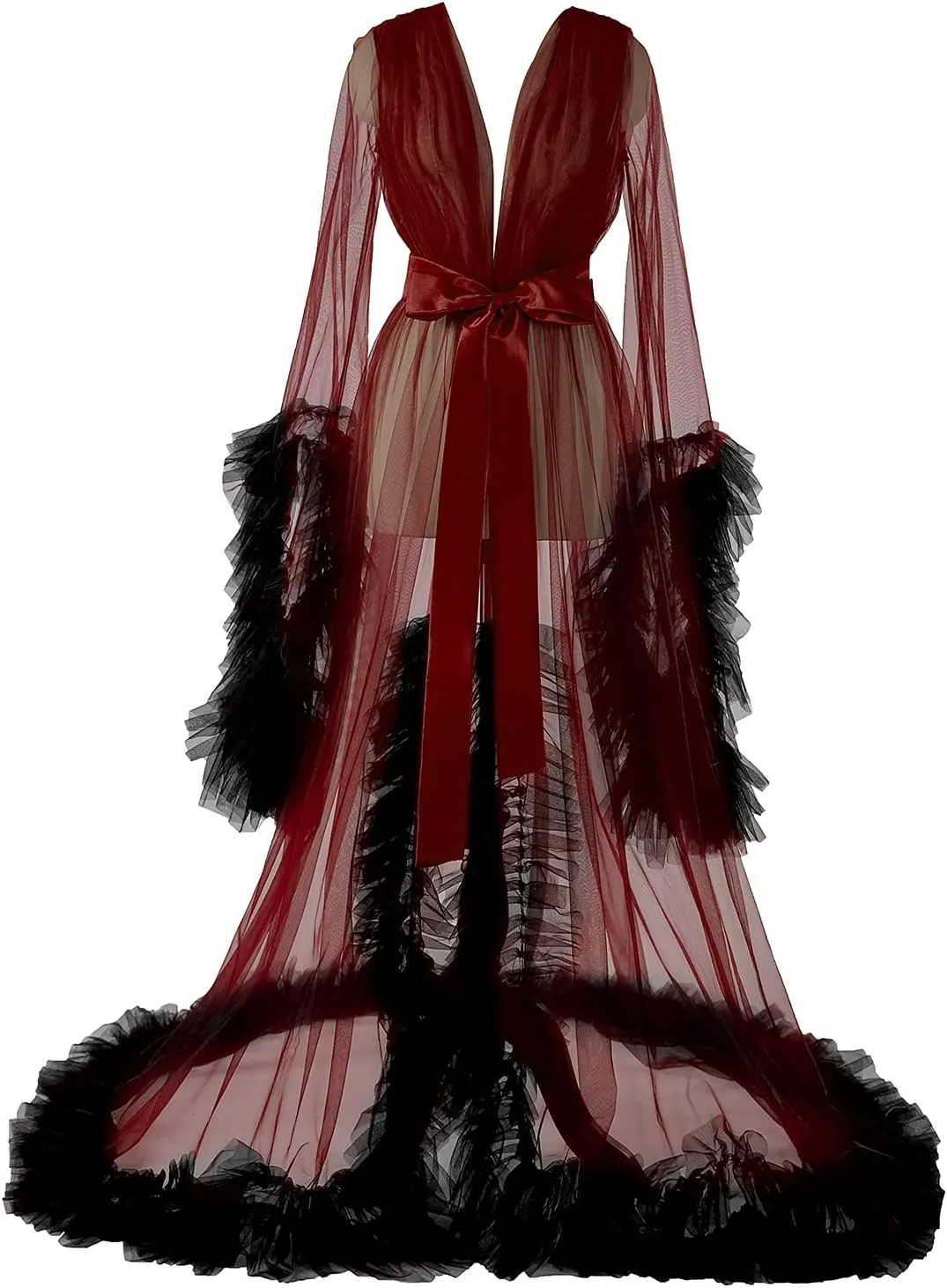 Women's Long Bridal Robes Tulle Lingerie Maternity Bathrobe Photoshoot Illusion Wedding Scarf Party Nightgown