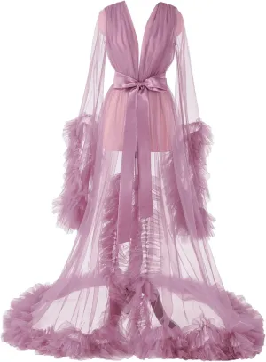 Women's Long Bridal Robes Tulle Lingerie Maternity Bathrobe Photoshoot Illusion Wedding Scarf Party Nightgown