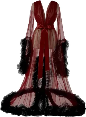 Women's Long Bridal Robes Tulle Lingerie Maternity Bathrobe Photoshoot Illusion Wedding Scarf Party Nightgown