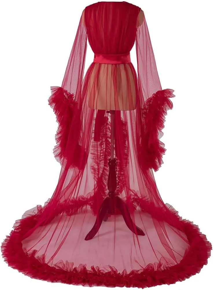 Women's Long Bridal Robes Tulle Lingerie Maternity Bathrobe Photoshoot Illusion Wedding Scarf Party Nightgown