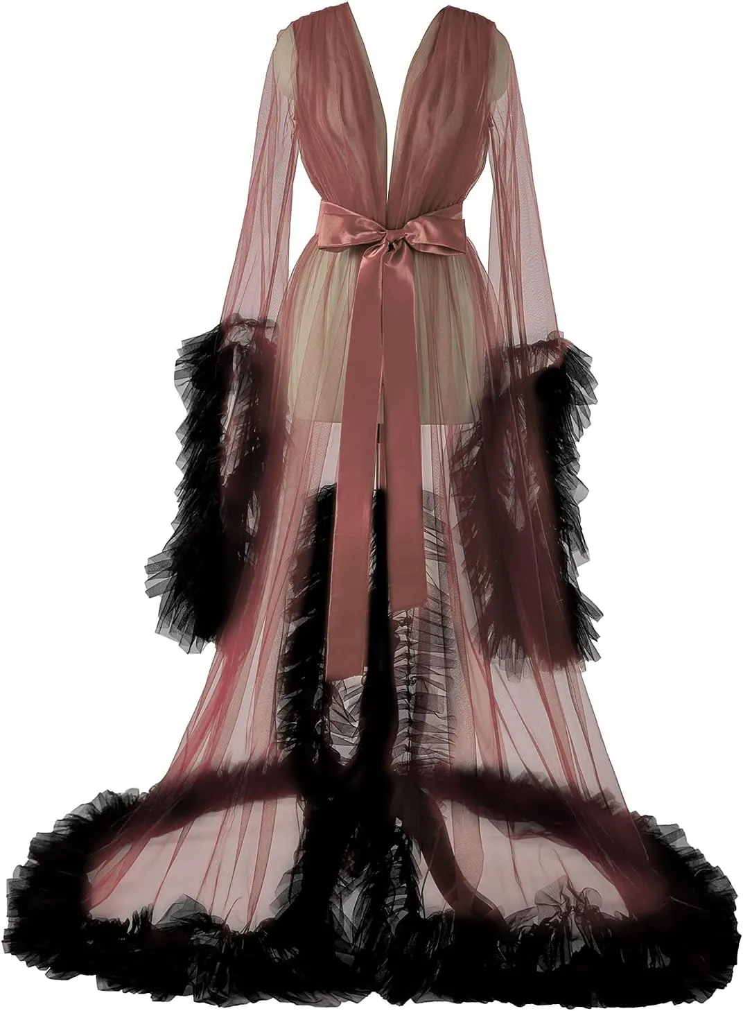 Women's Long Bridal Robes Tulle Lingerie Maternity Bathrobe Photoshoot Illusion Wedding Scarf Party Nightgown