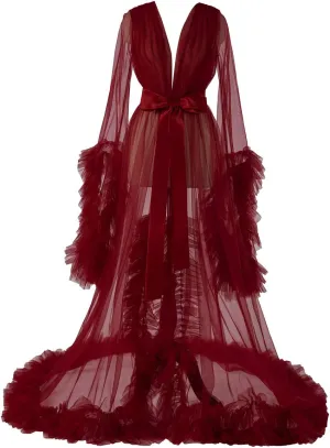Women's Long Bridal Robes Tulle Lingerie Maternity Bathrobe Photoshoot Illusion Wedding Scarf Party Nightgown