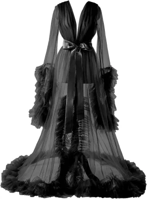 Women's Long Bridal Robes Tulle Lingerie Maternity Bathrobe Photoshoot Illusion Wedding Scarf Party Nightgown